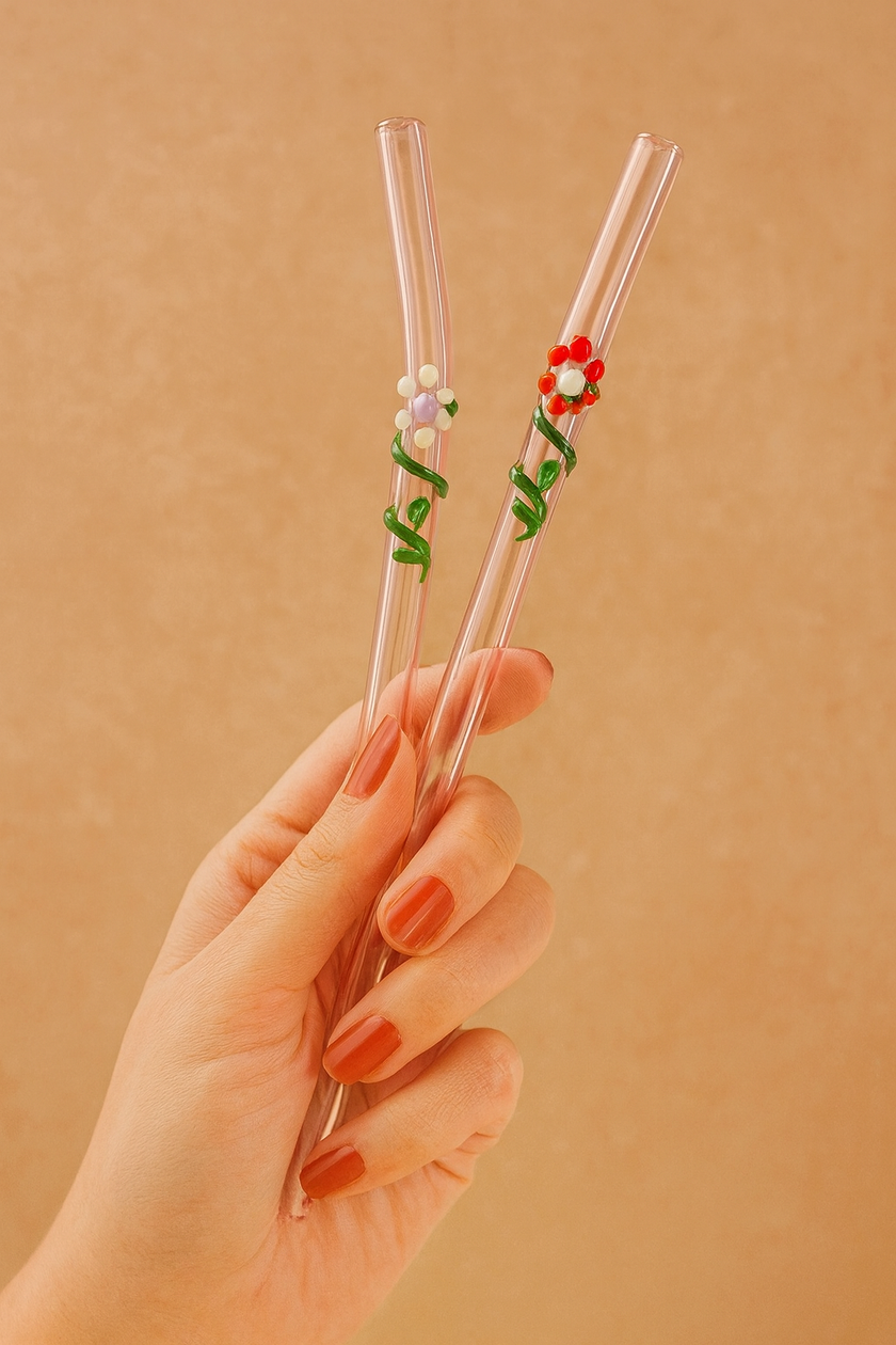 Glass Straws  , Floral Art Set of 2 Drinking straws-Pink