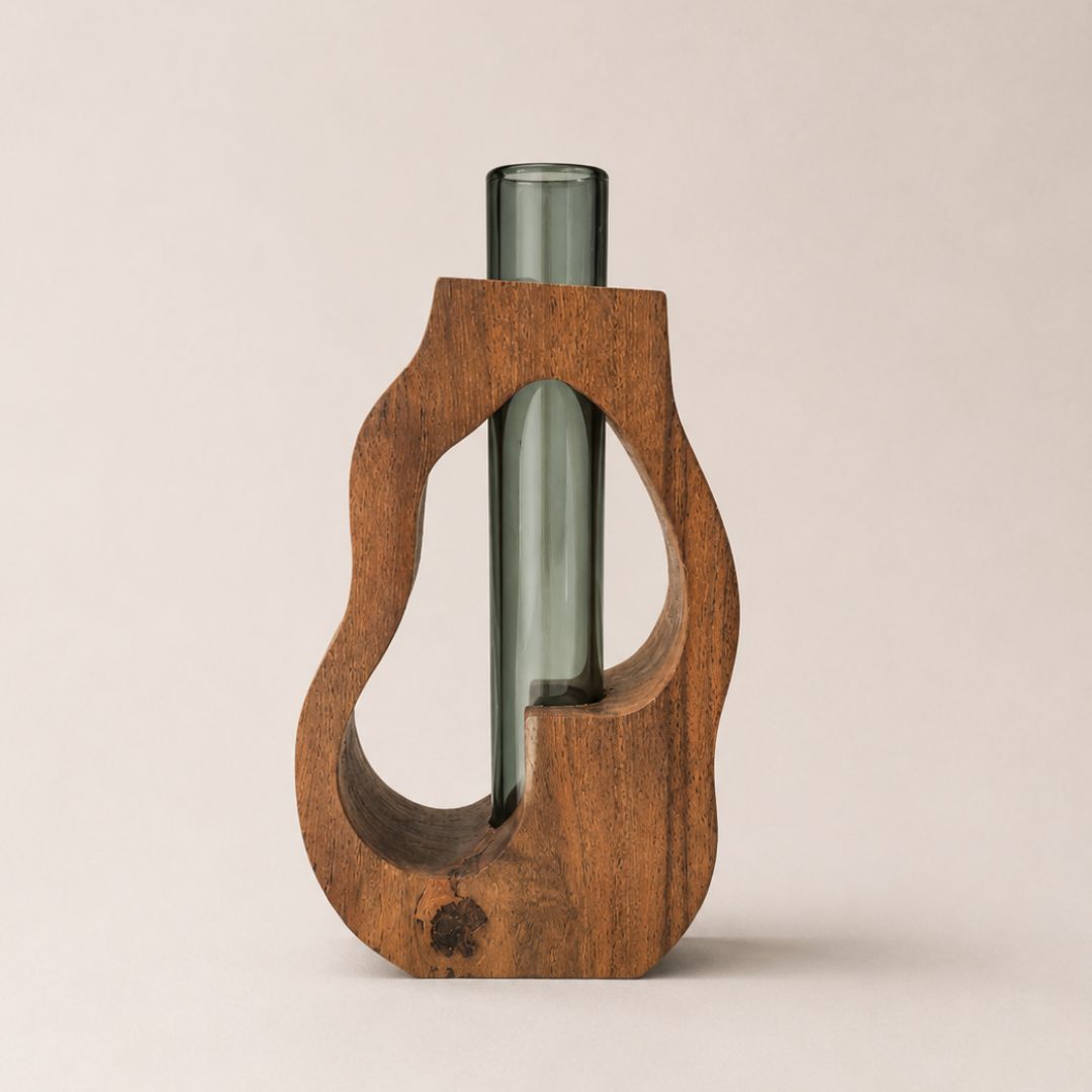The Holding Form — Sculptural Wood & Glass Flower Holder