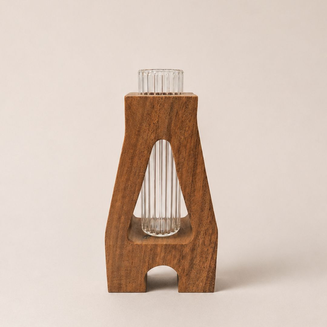 The Holding Form — Sculptural Wood & Glass Flower Holder