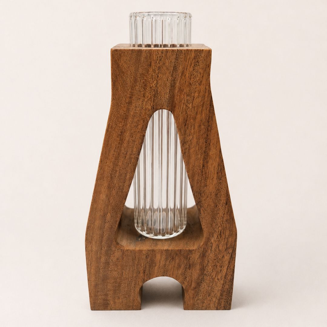 The Holding Form — Sculptural Wood & Glass Flower Holder