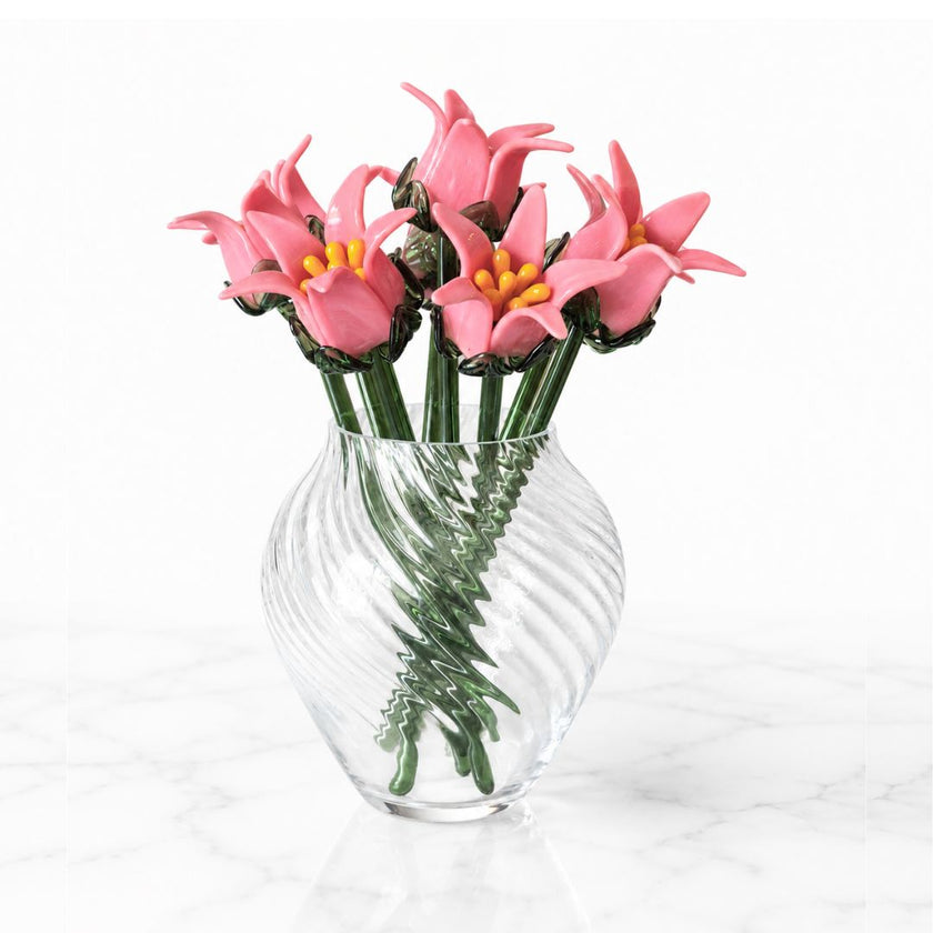 Handblown Coral Tinsel Lily Bouquet with 8 pink glass flowers in a clear artisan glass vase by Rustic Horse.