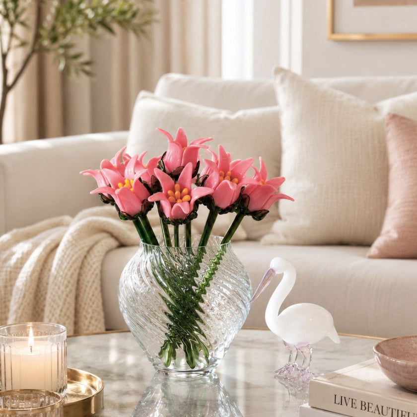 Coral Tinsel Lily Bouquet – Handblown Glass Flowers