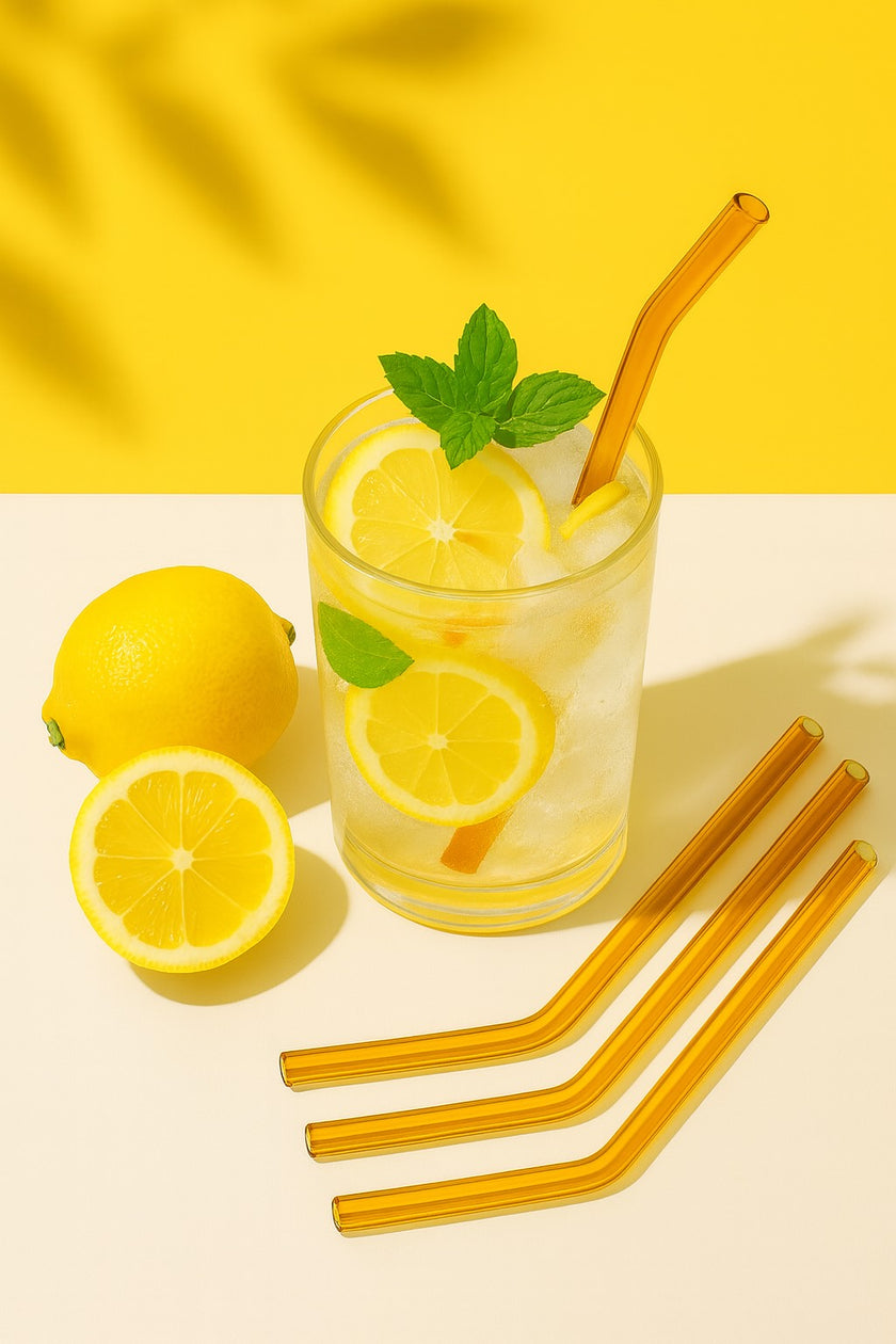 Amber Transparent  Glass Straws 6 pcs with brush