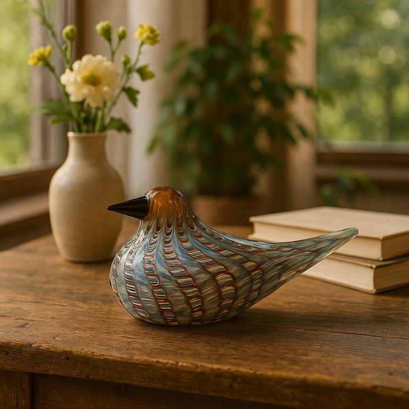 Decorative glass bird on a wooden surface with a vase of flowers and books in the background.
