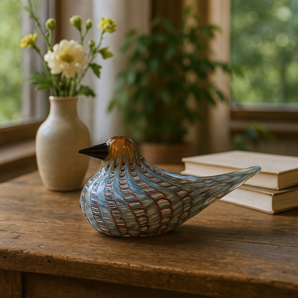 Decorative glass bird on a wooden surface with a vase of flowers and books in the background.