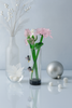 Clear vase with pink flowers and green leaves on a reflective surface with a light gray background