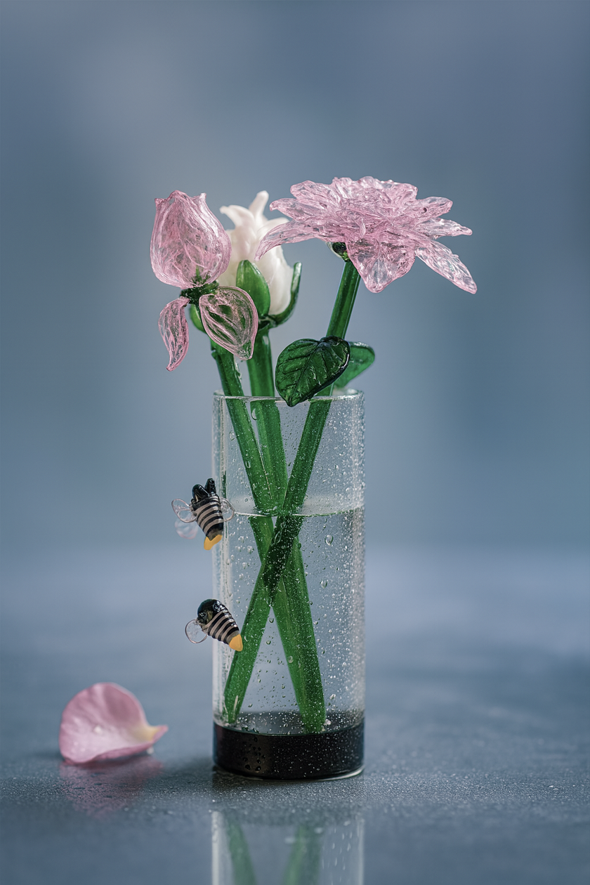 Glass vase with pink flowers, green leaves, and small black and yellow bee figurines on a reflective surface with a blurred blue background.