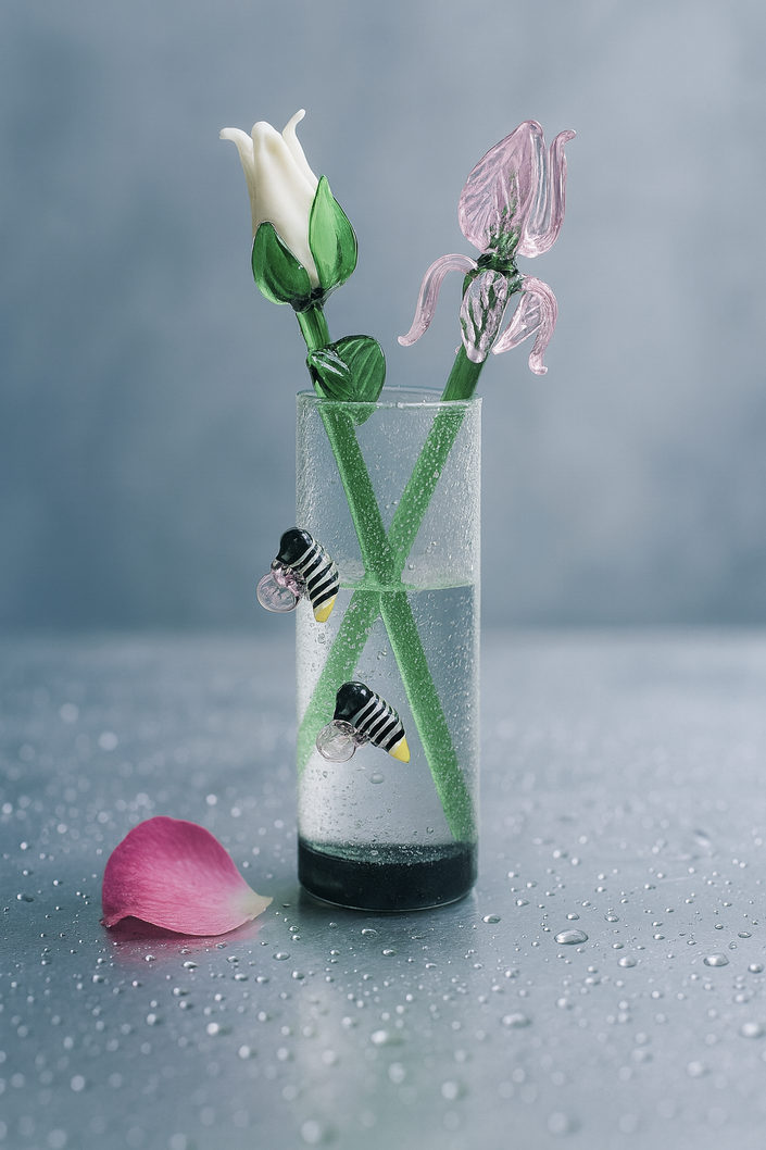 Clear vase with decorative flowers and a pink butterfly on a gray background