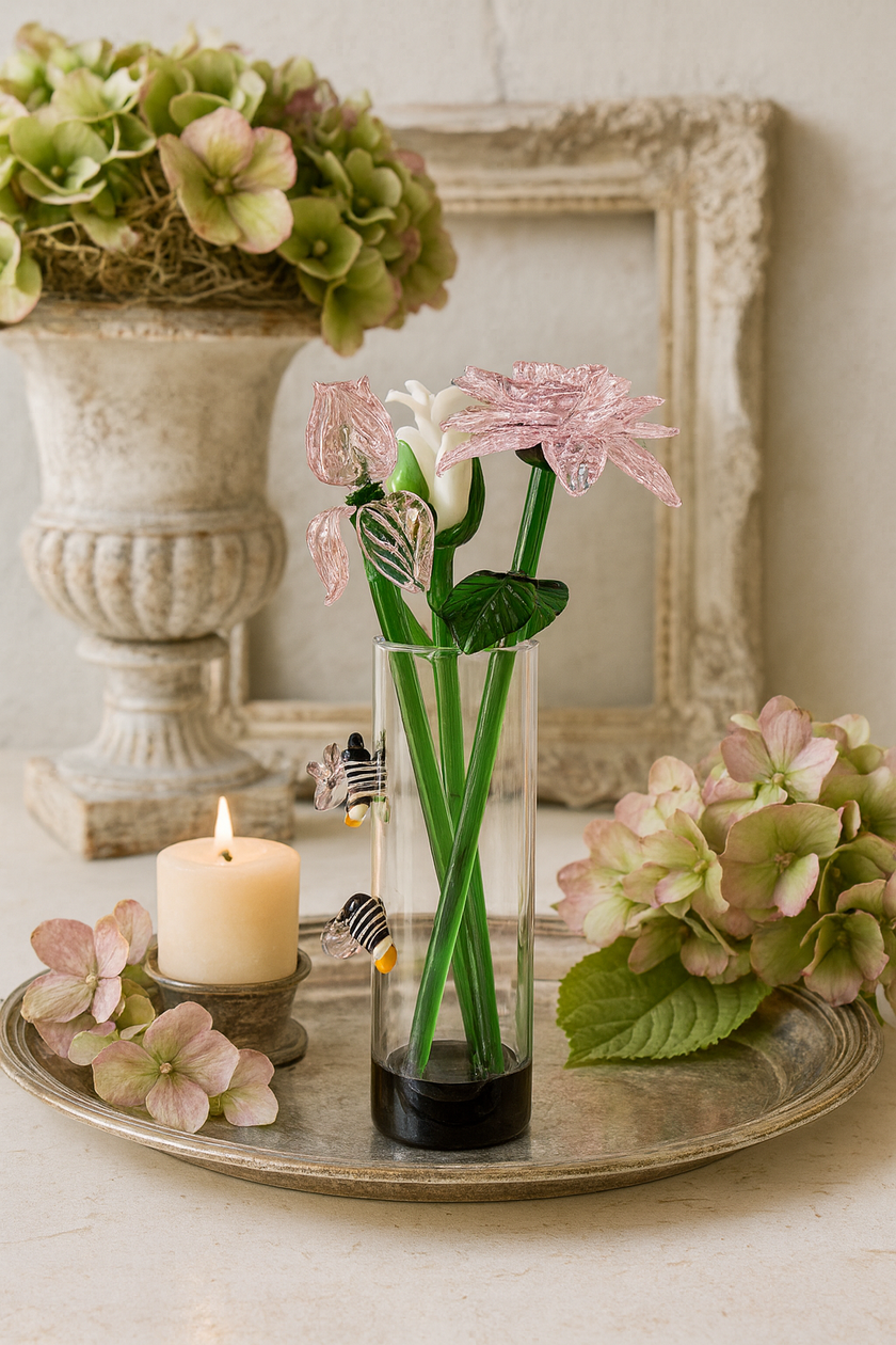 Decorative setting with flowers, candle, and decorative elements on a table.