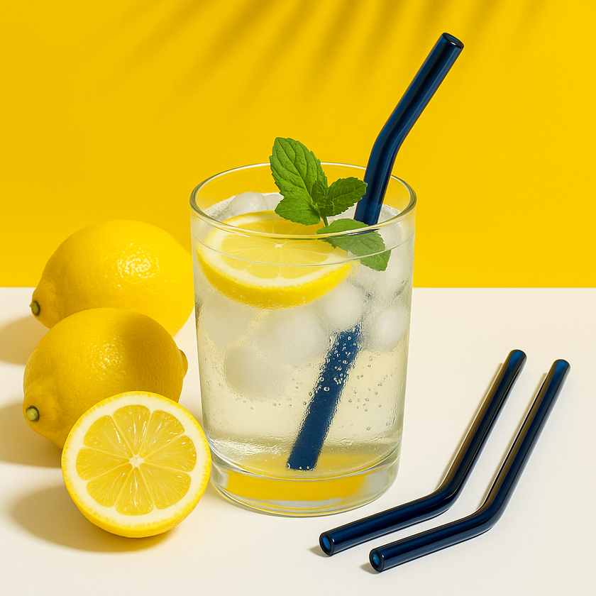 Glass of lemonade with ice and lemons on a yellow background
