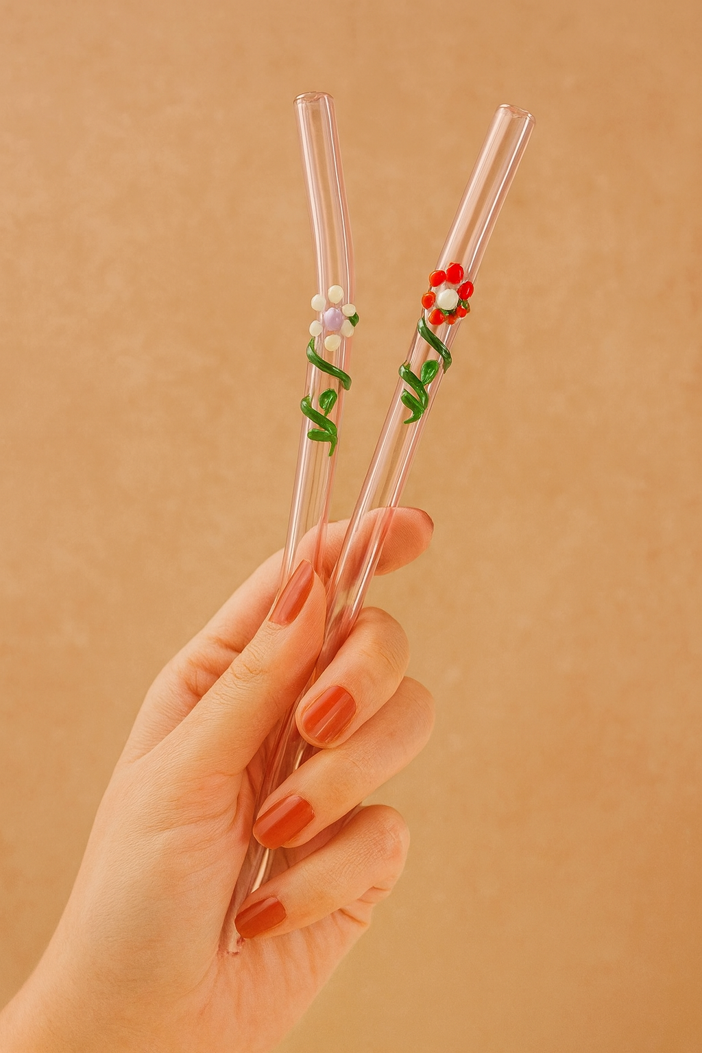 Glass Straws  , Floral Art Set of 2 Drinking straws-Pink