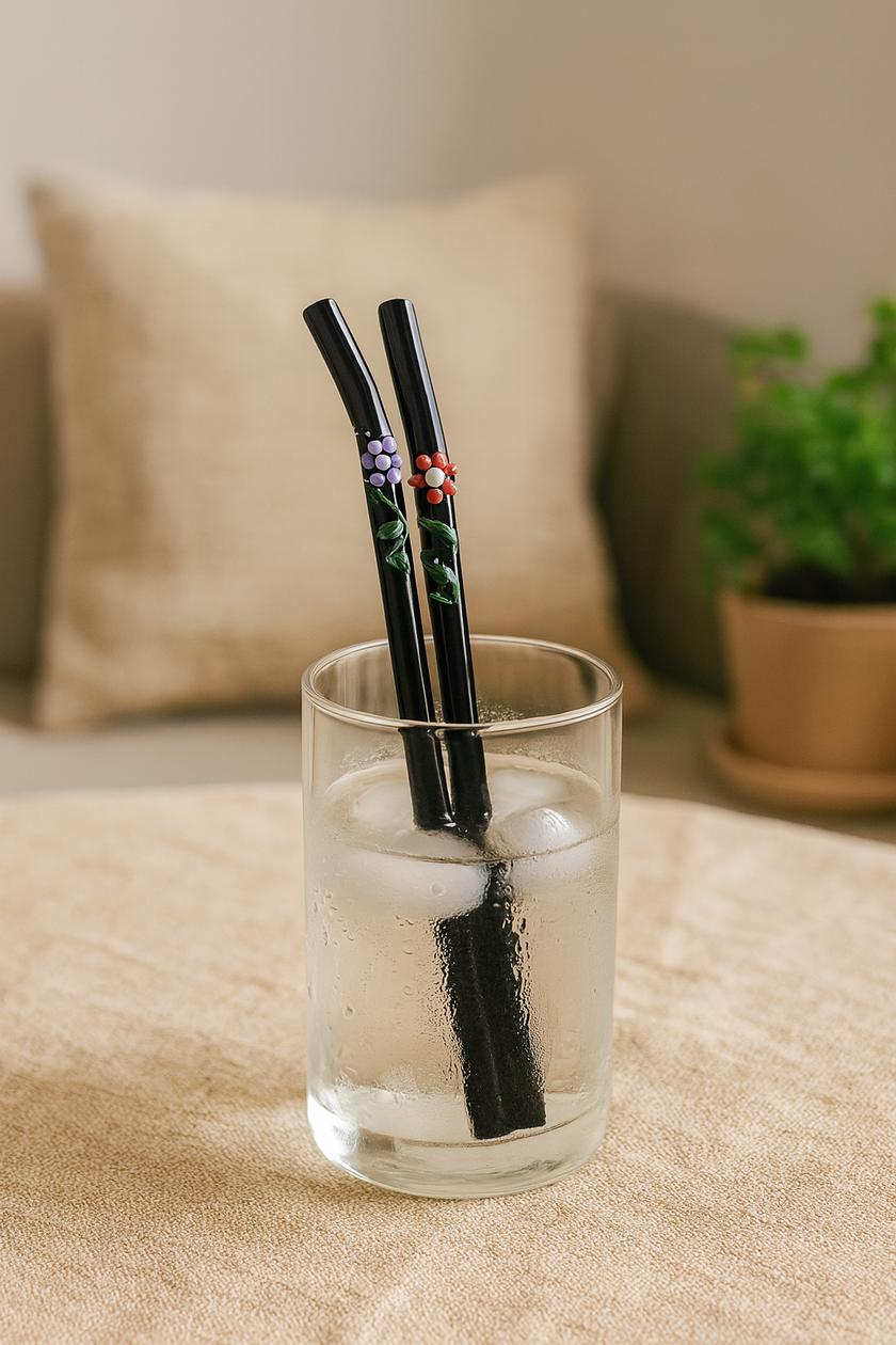 Glass Straws Floral Art  Set of 2 - Onyx Black