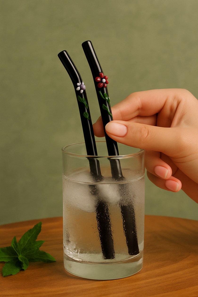 Glass Straws Floral Art  Set of 2 - Onyx Black
