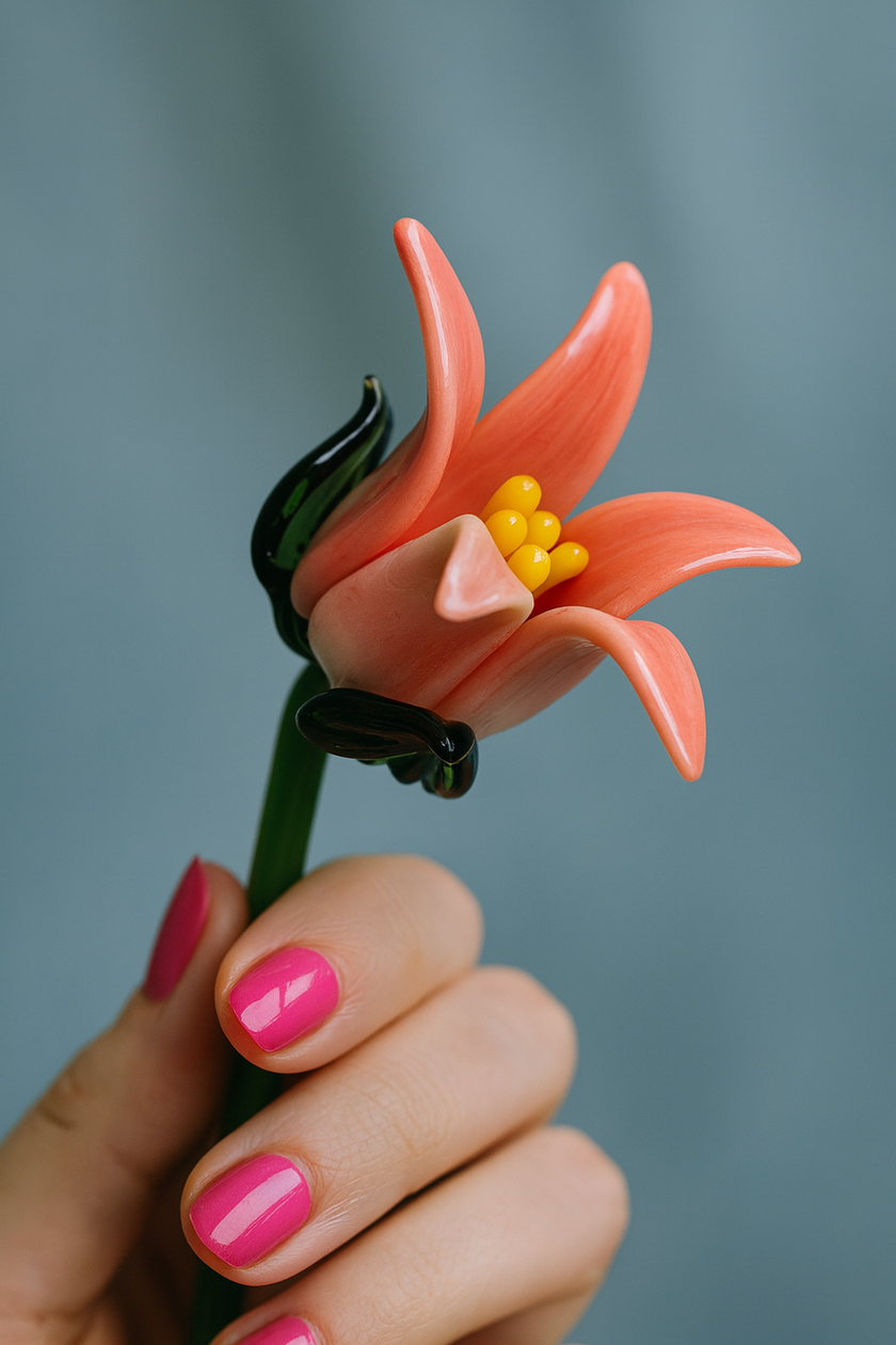 Hand holding a decorative flower-shaped spoon against a blurred background