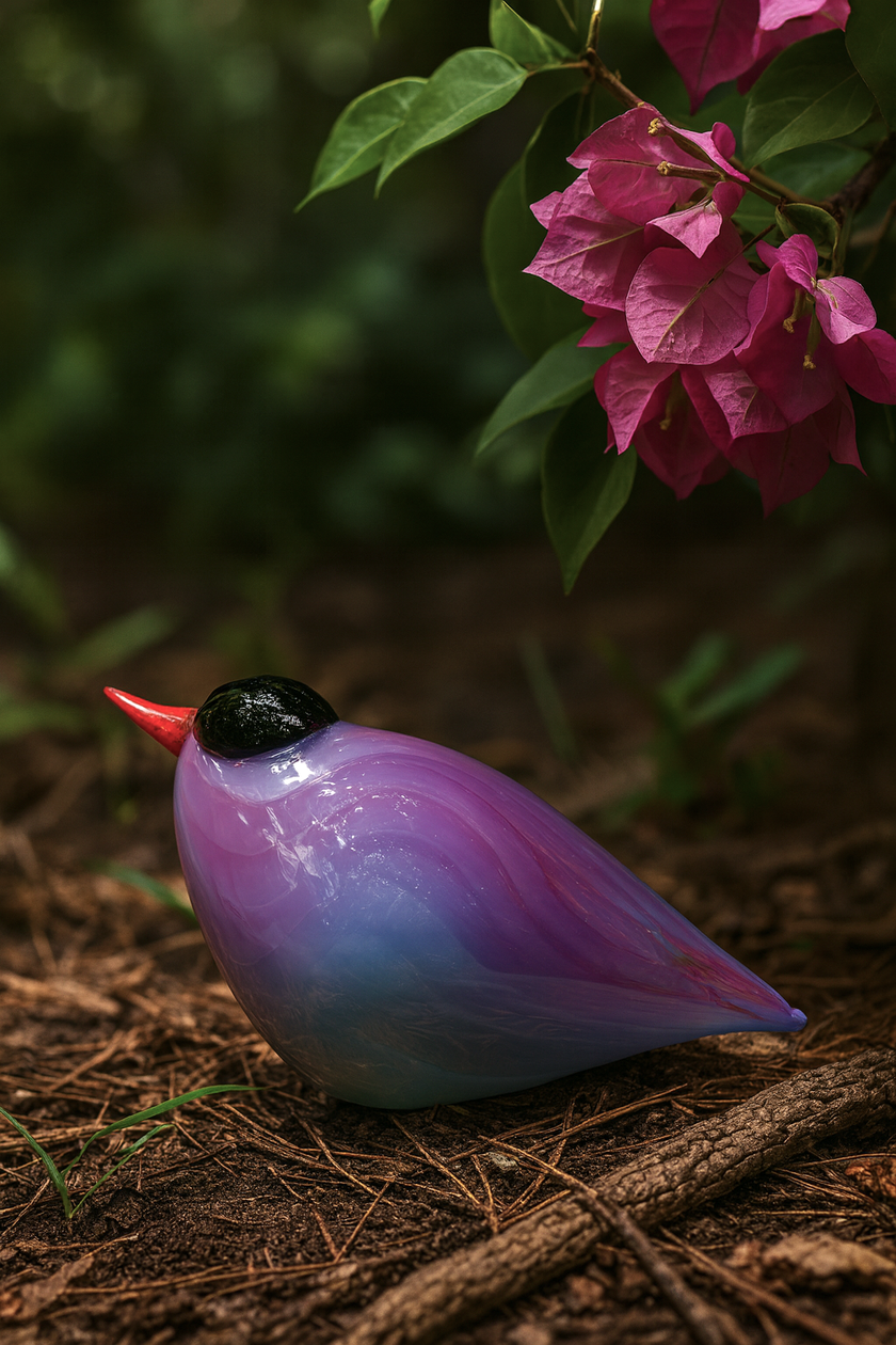 Glass bird sculpture on a natural background with pink flowers