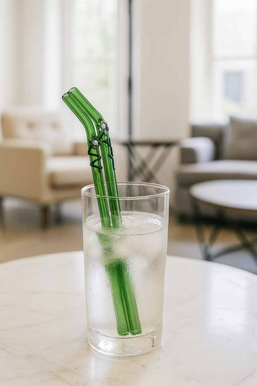 Glass Straws Floral Art  Set of 2 - Green (Bent)