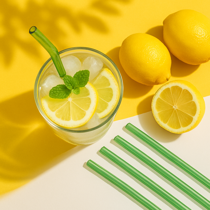 Glass of lemonade with ice and green straw on a yellow background