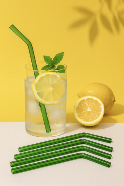 Glass of lemonade with green straw, lemons, and additional straws on a yellow background