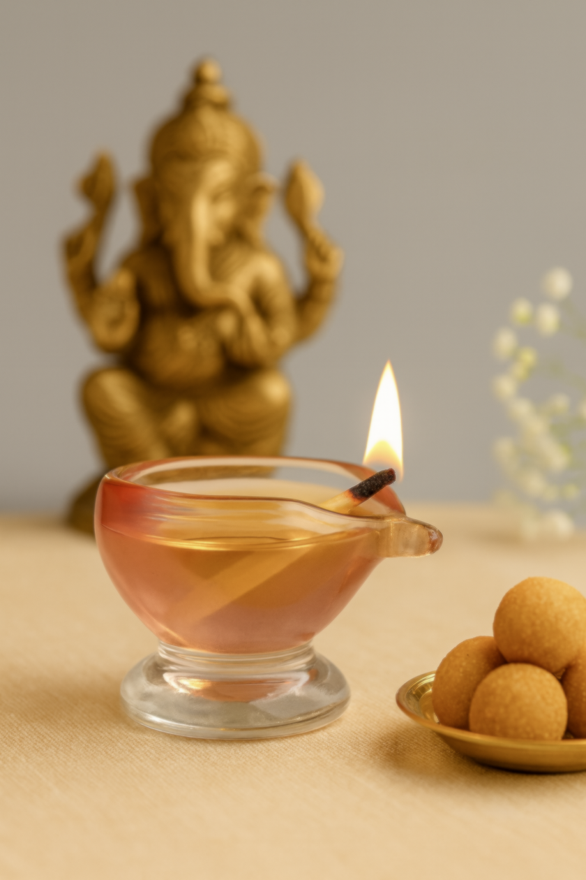 Art Glass Puja Diya-  Gulab ki Kali