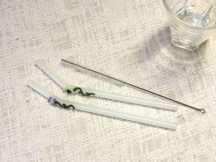 Glass Straws Floral Art  Set of 2 - Opal Floral