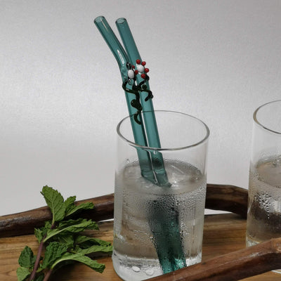 Glass Straws Floral Art  Set of 2 - Aqua Green