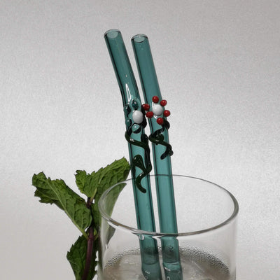 Glass Straws Floral Art  Set of 2 - Aqua Green