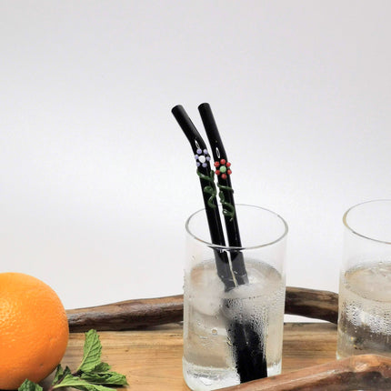 Glass Straws Floral Art  Set of 2 - Onyx Black