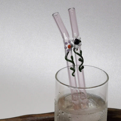 Glass Straws  , Floral Art Set of 2 Drinking straws-Pink