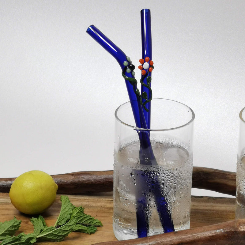 Glass Straws Floral Art  Set of 2 - Blue