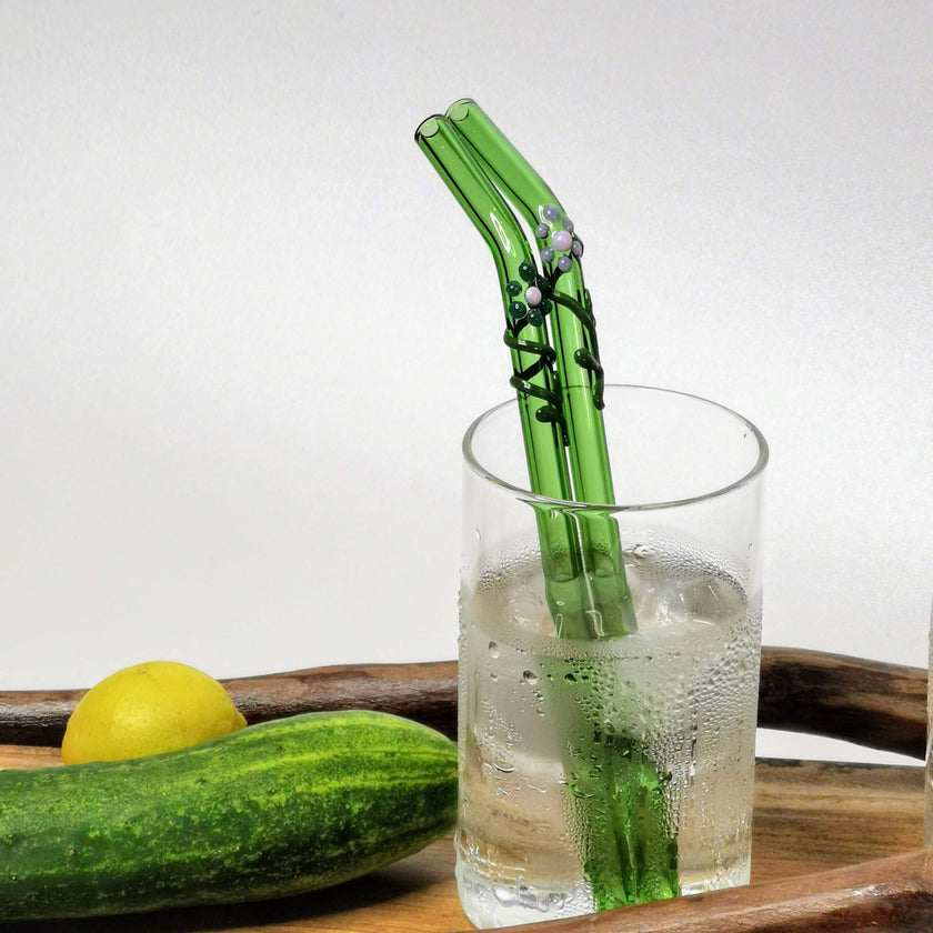 Glass Straws Floral Art  Set of 2 - Green (Bent)