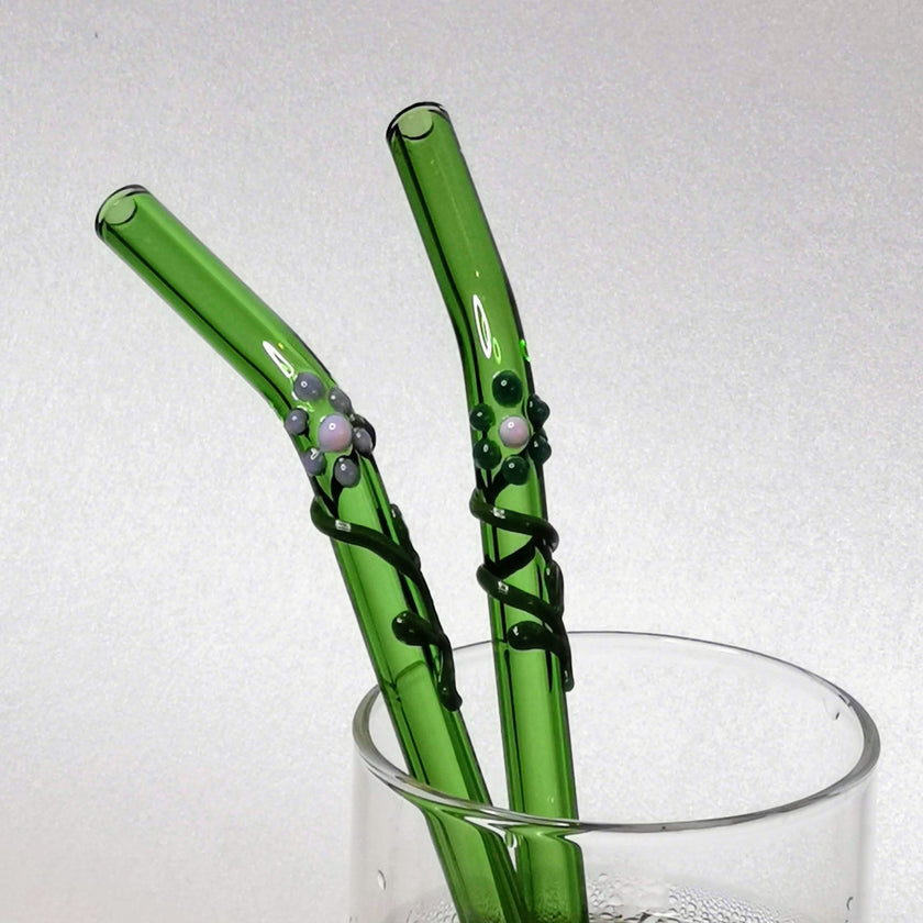 Glass Straws Floral Art  Set of 2 - Green (Bent)