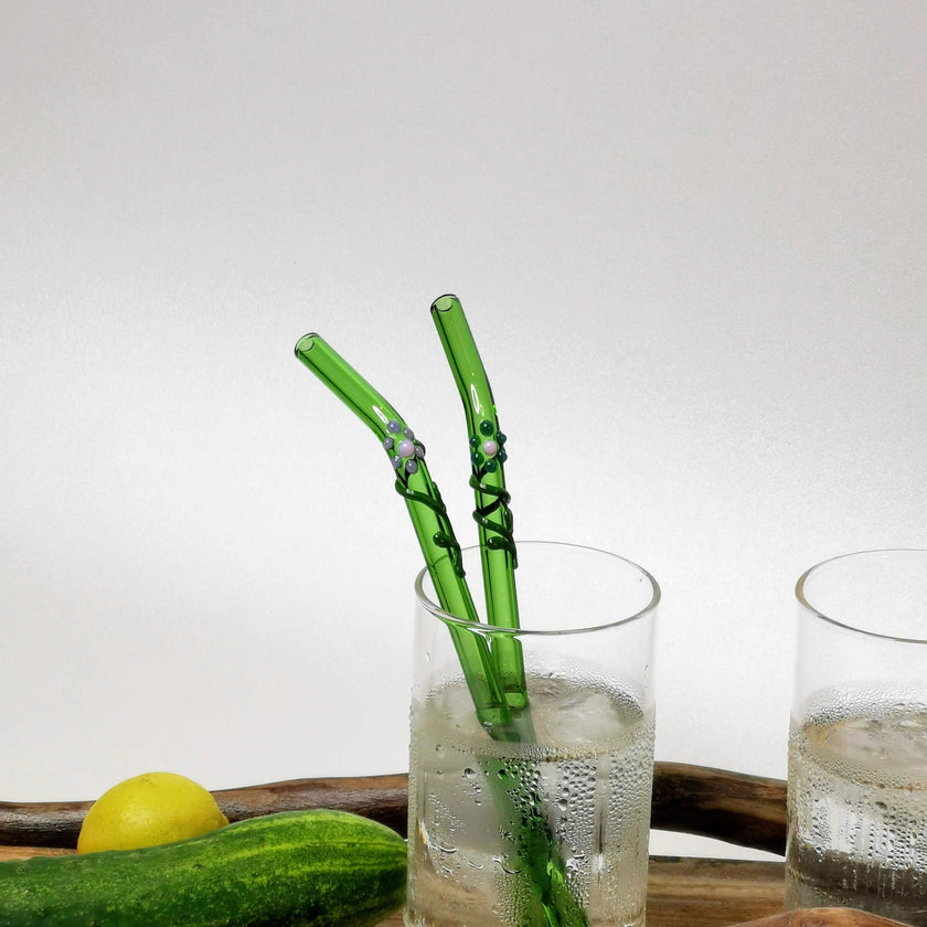 Glass Straws Floral Art  Set of 2 - Green (Bent)