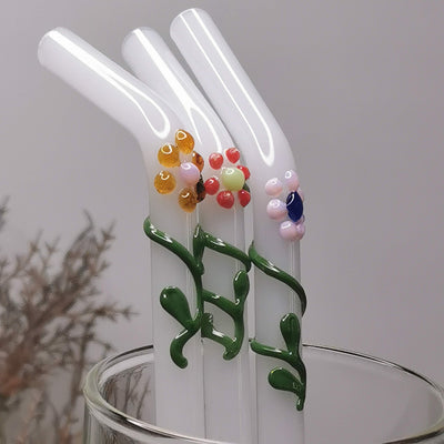 Glass Straws Floral Art  Set of 2 - Opal Floral