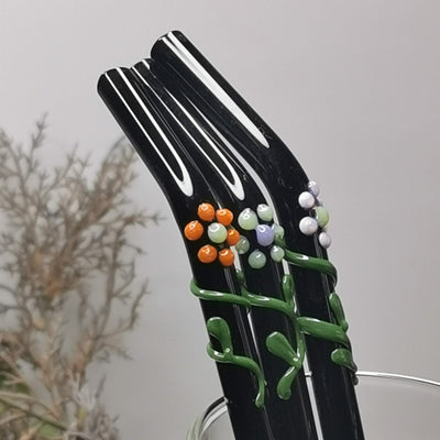 Glass Straws Floral Art  Set of 2 - Onyx Black