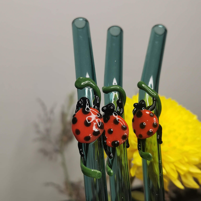 Lady Bug   Collection (Teal Green) Glass Straw Stirrers -Set of 2