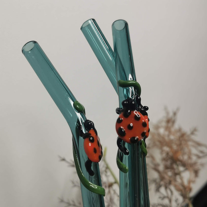 Lady Bug   Collection (Teal Green) Glass Straw Stirrers -Set of 2