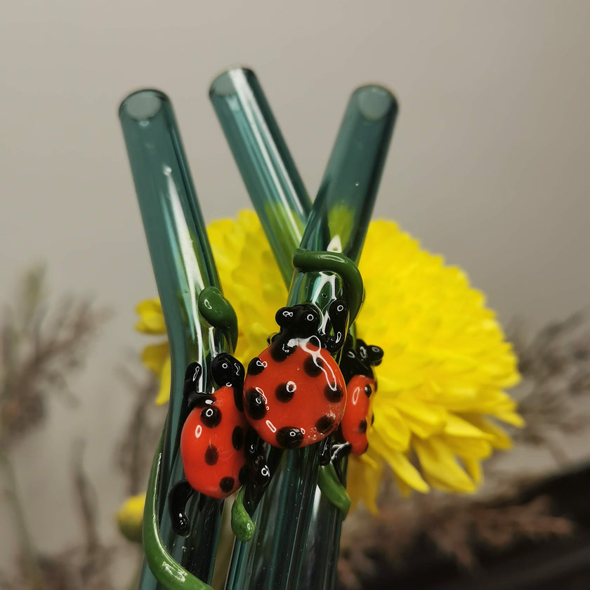 Lady Bug   Collection (Teal Green) Glass Straw Stirrers -Set of 2