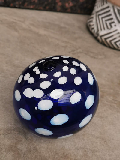 Art Glass Hand Blown Sphere - Blue Retro Polka