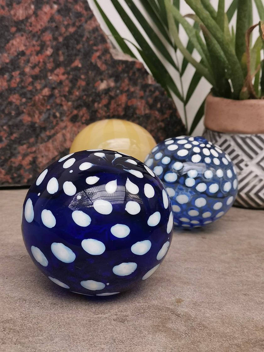 Art Glass Hand Blown Sphere - Blue Retro Polka
