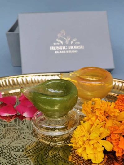 Art Glass Puja Diya-  Mehndi ki Mehak (set of 2 Festive Pack)