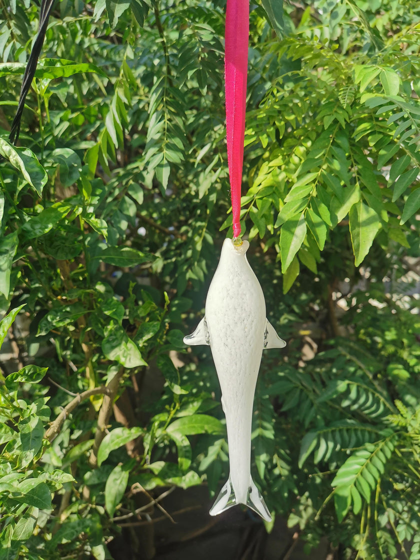 Coastal Charm Glass Hanging Fish Ornament- White