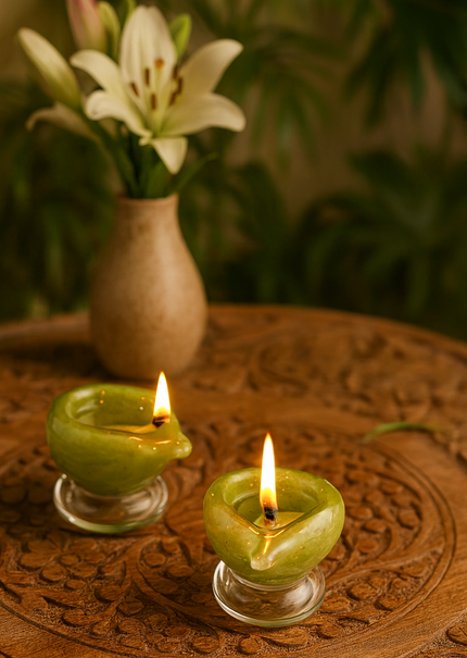 Art Glass Puja Diya-  Mehndi ki Mehak (set of 2 Festive Pack)