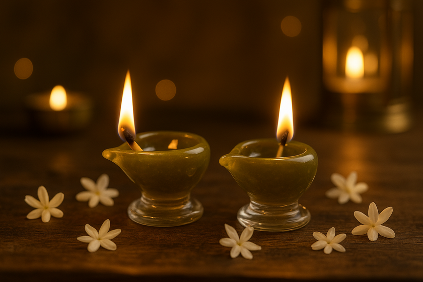 Art Glass Puja Diya-  Mehndi ki Mehak (set of 2 Festive Pack)