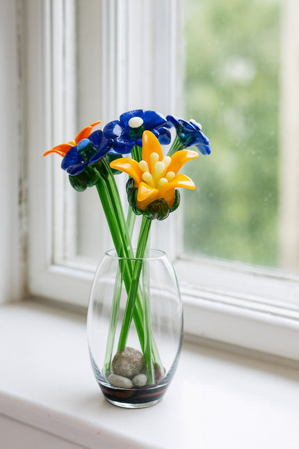 Glass flowers in a clear vase on a windowsill