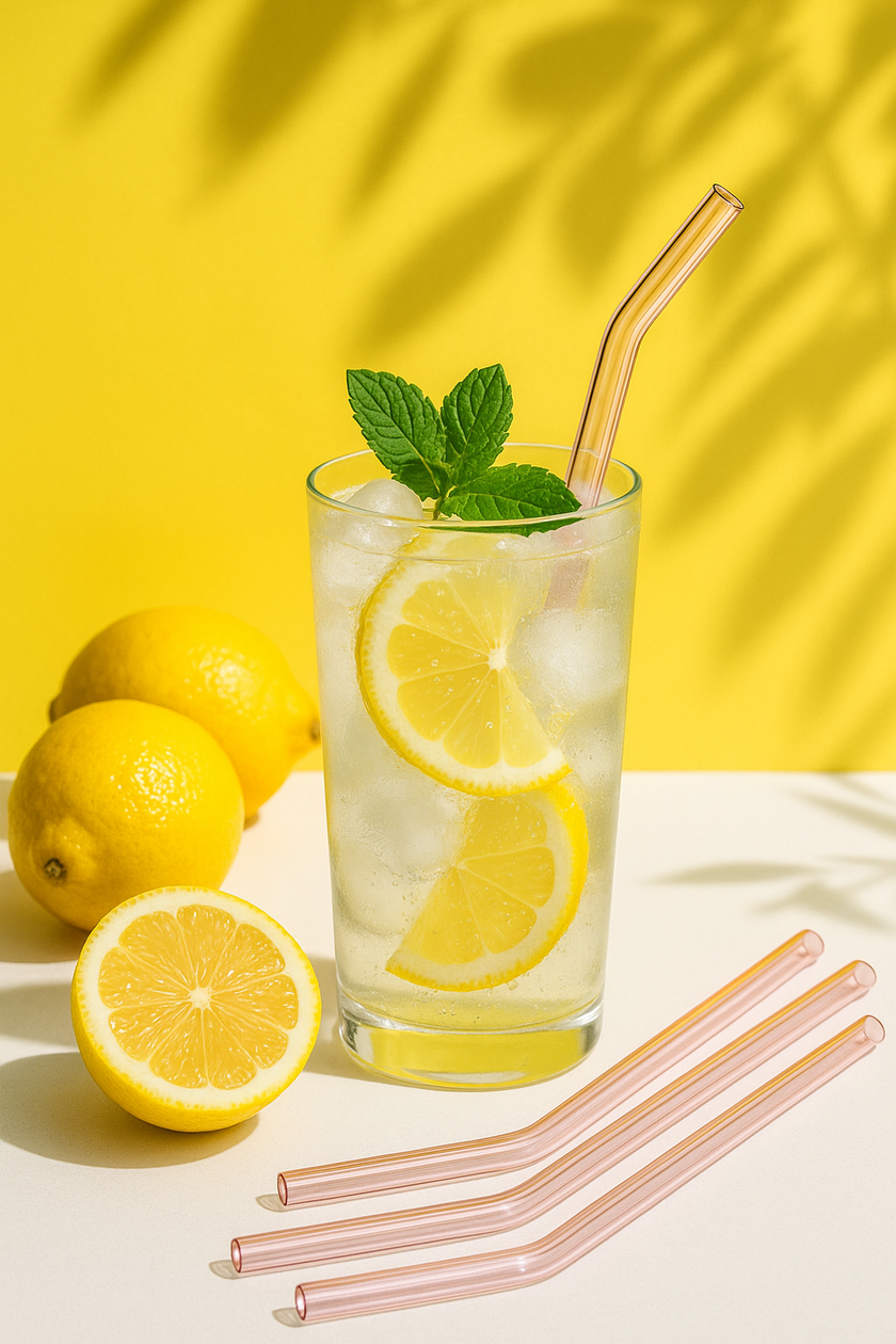 Glass of lemonade with lemon slices and a straw on a yellow background