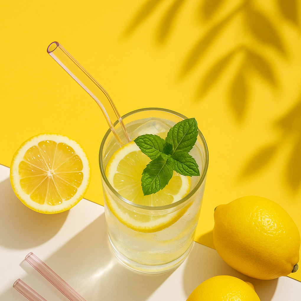 Glass of lemon water with a straw on a yellow background
