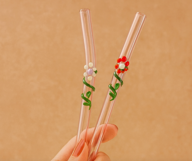 Glass Straws  , Floral Art Set of 2 Drinking straws-Pink