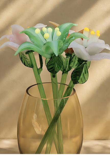 Artificial flowers in a clear vase on a beige background