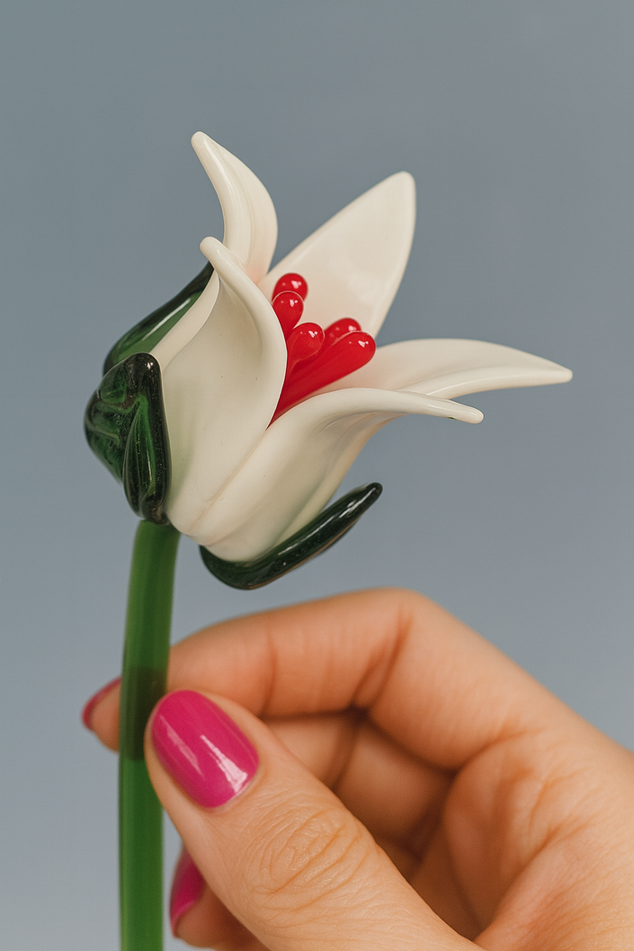 Hand holding a glass flower with white petals and red center against a gray background