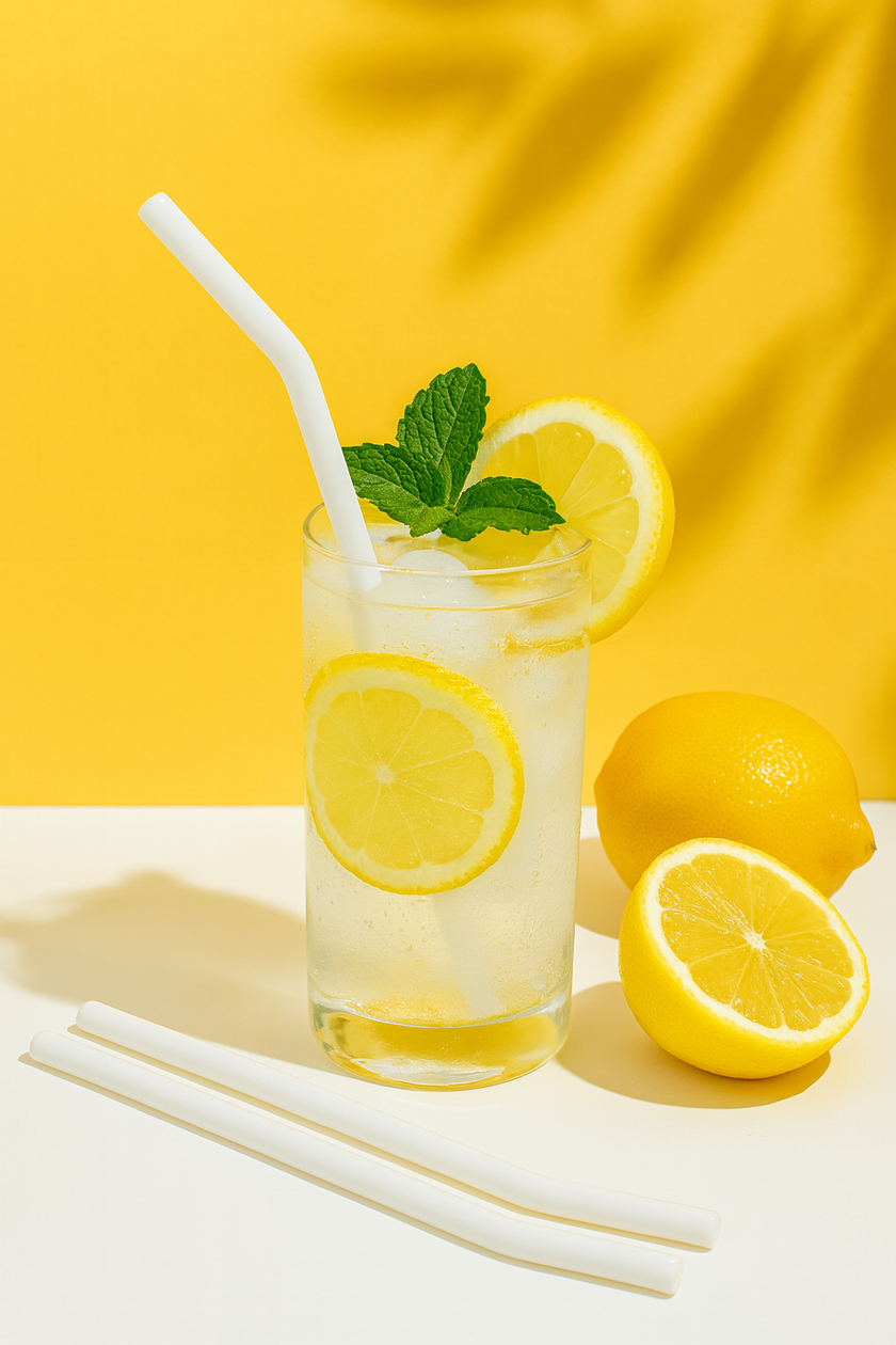 Glass of lemonade with lemon slices and mint leaves on a yellow background